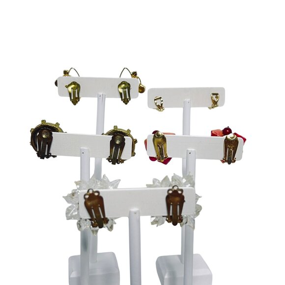 Lot Of 5 Vintage Gold Tone Clip On Earrings W/ Rhinestone Glass & Acrylic (5840) - Picture 3 of 8